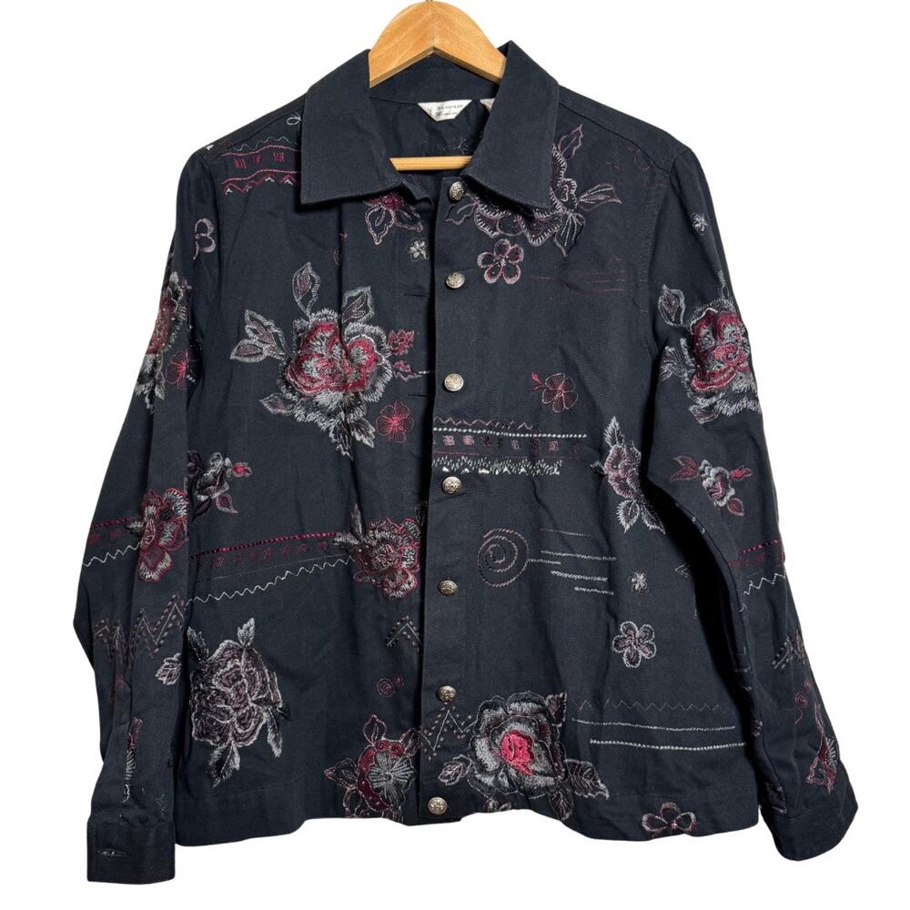 Laura Ashley 1X Black Embroidered Denim Shacket Boho Western Floral Button Up